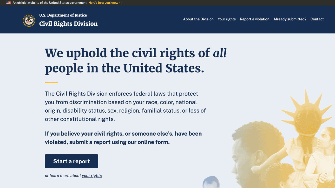 The new Civil Rights Division landing page of civilrights.justice.gov