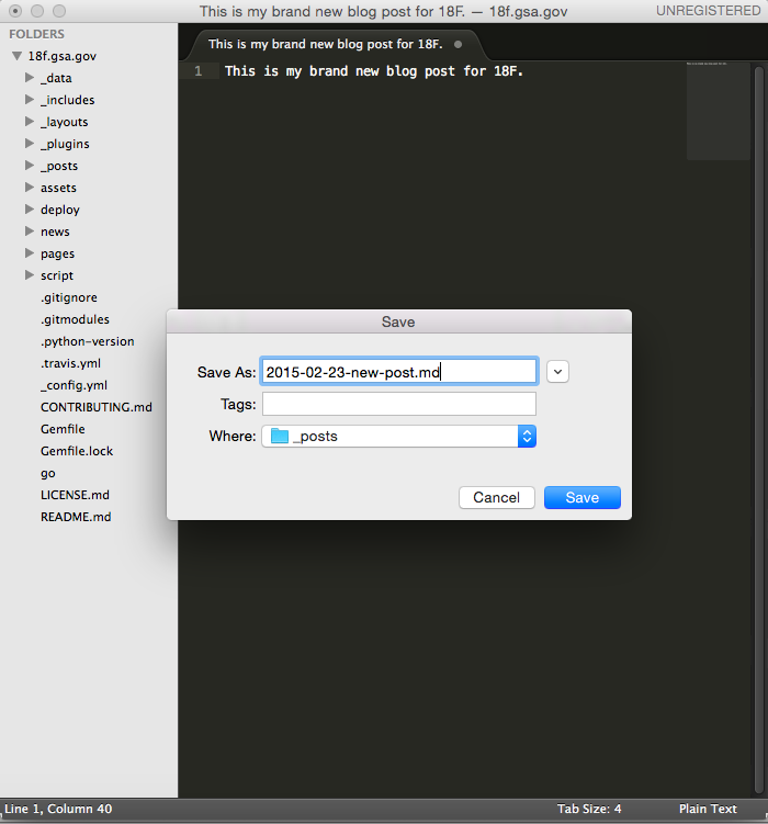 Screen shot: Saving post in _posts directory